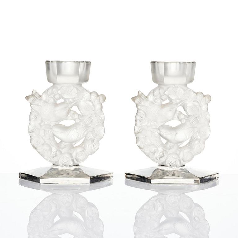 René Lalique, a pair of “Mésanges” cast glass candlesticks, France, post-1943.