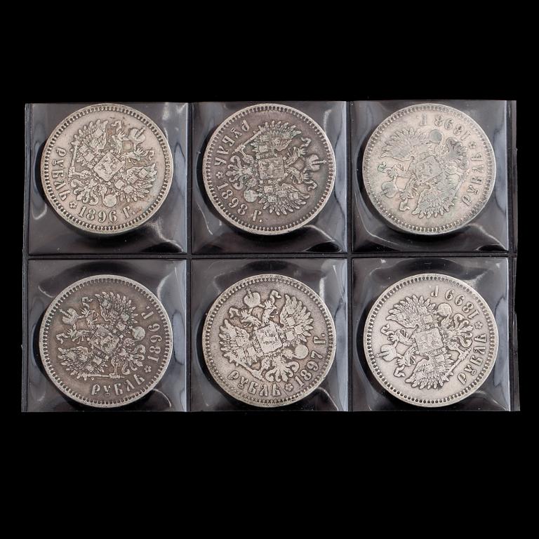 SILVERMYNT, 6 st, rubel, Ryssland, 1896-1899. Vikt ca 118 gram.