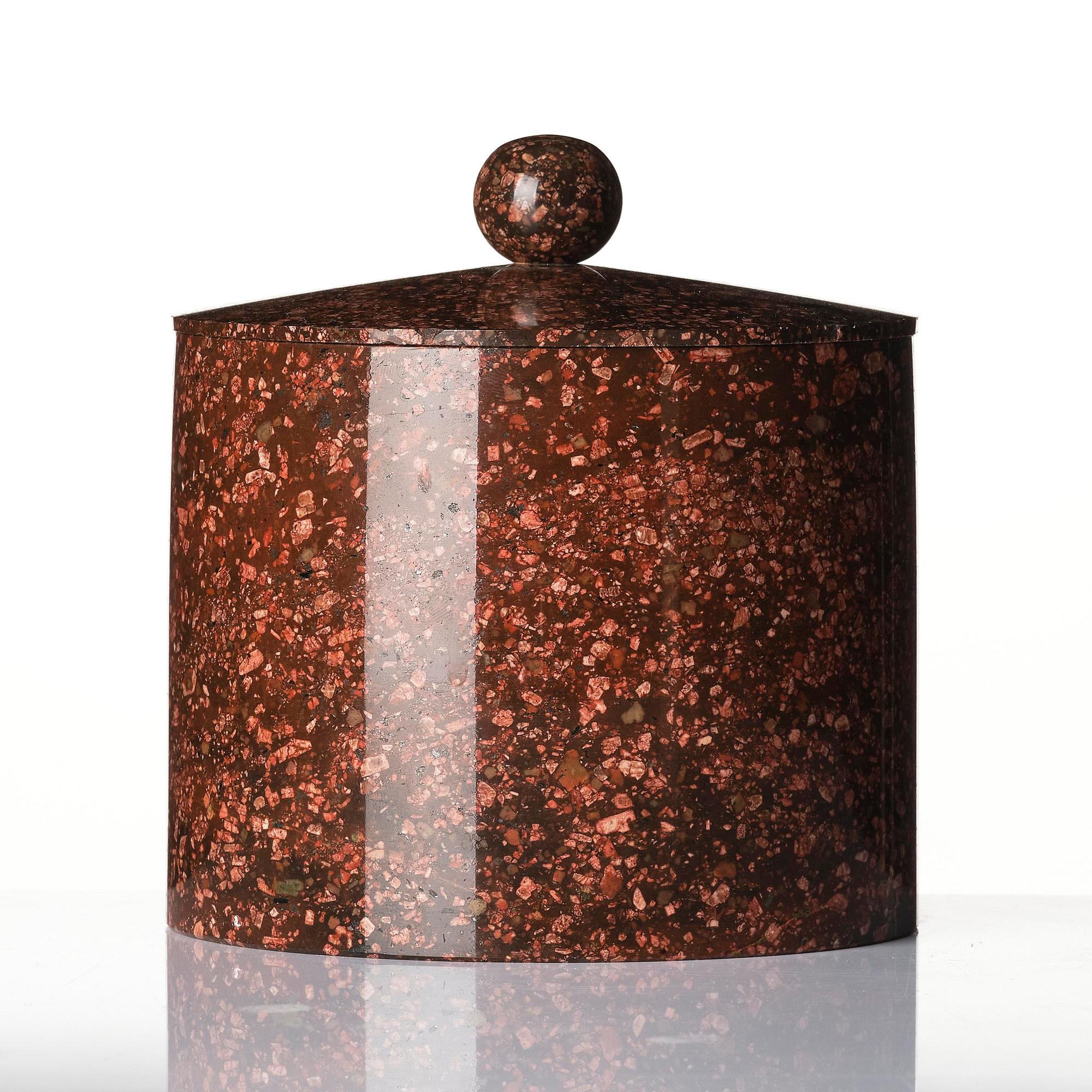 A Swedish Empire red 'Orrlok' porphyry tobacco jar, Älvdalen, first part 19th century.