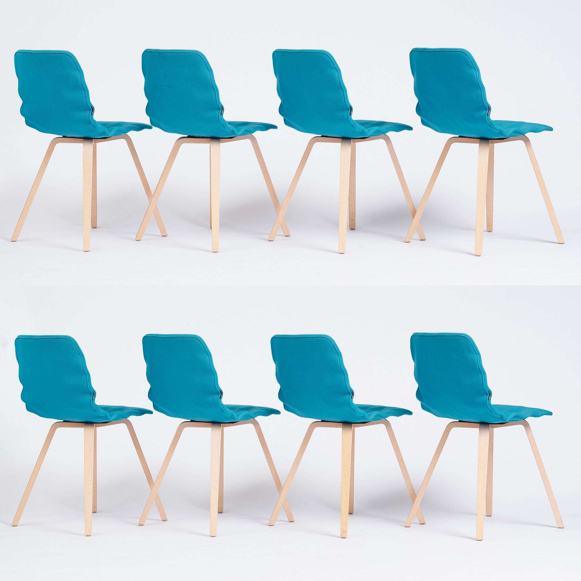 o4i Design Studio, (Jon Lindström & Henrik Kjellberg) a set of eight chairs, "Dent Wood", Blå Station, post 2014.