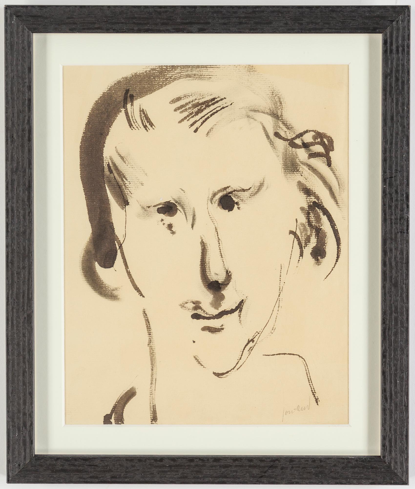JOHN JON-AND, 2 works, ink and red crayon on paper, one signed, one signed with stamp.