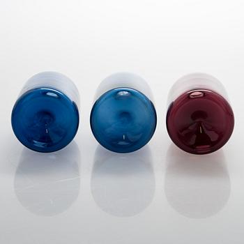 Timo Sarpaneva, "Fågelflaskor", 3 st, Iittala, signerade TS.