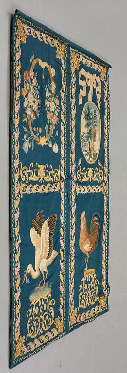 Broderade paneler, 4 st., ull på ylle, ca 186-190,5 x 131,5-137 cm per styck, troligen England 1700-tal.