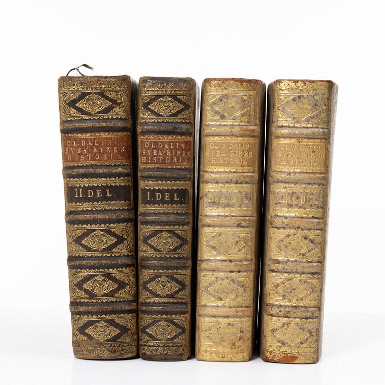 Books, four volumes,'Svea Rikes Historia', Olof Dalin, Lars Salvius, Stockholm, 1747-62.