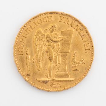Guldmynt, 20 franc, 1878, 21,6k.