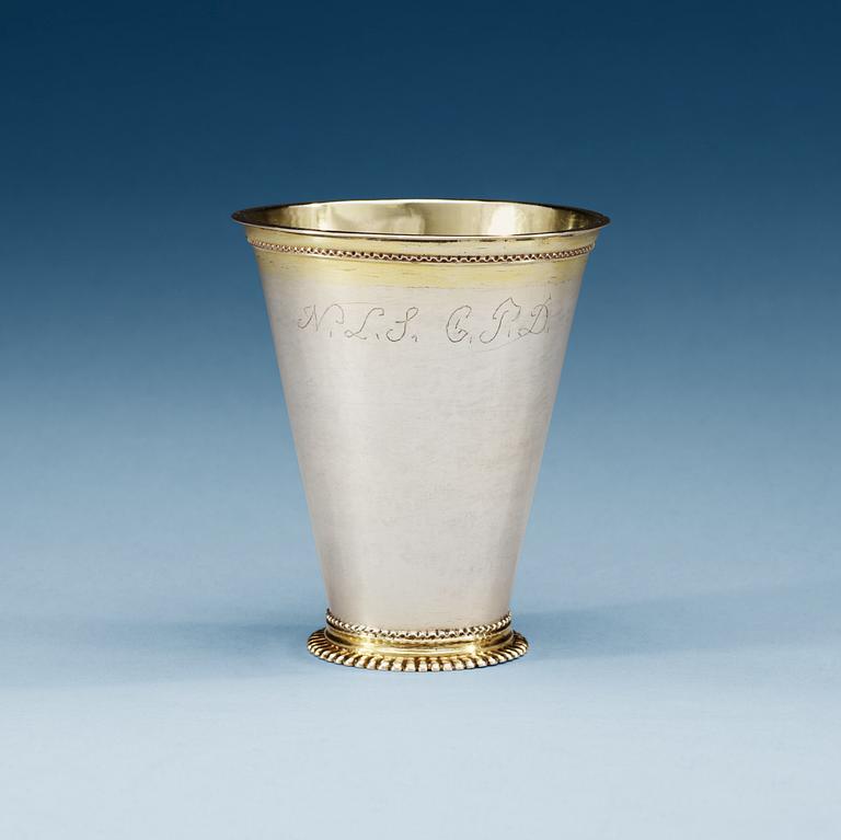 A Swedish parcel gilt beaker, makers mark of Petter Klerck, Malmö 1722.