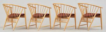 KARMSTOLAR, 4 st, "Solfjädern", Sonna Rosén, Gemla Möbelfabrik, formgiven 1948.