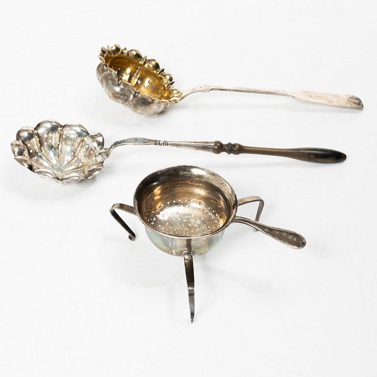 Tea strainers, 3 pcs, silver, Sweden and Finland, 19th century.