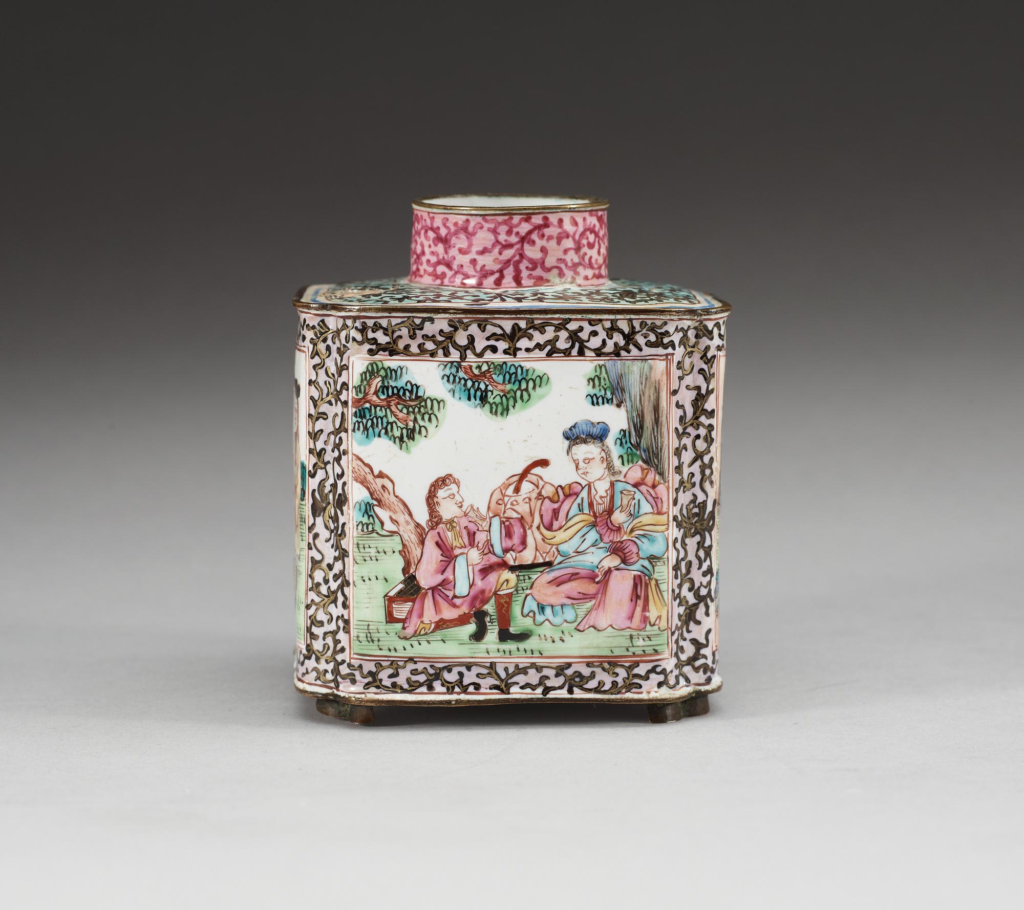 An enamelled 'European Subject' tea caddy, Qing dynasty, 18th Century.