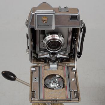 A Linhof Technika camera no 90417 with four lenses and one camera stand from Werst Germany, 1960s.