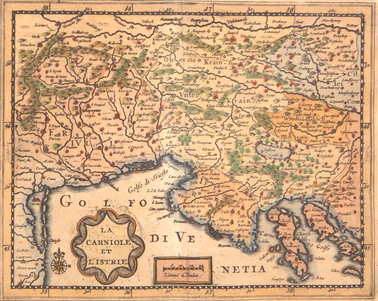 Pieter van der Aa, karta Venedigbukten, handkolorerat kopparstick, Leiden ca 1715.