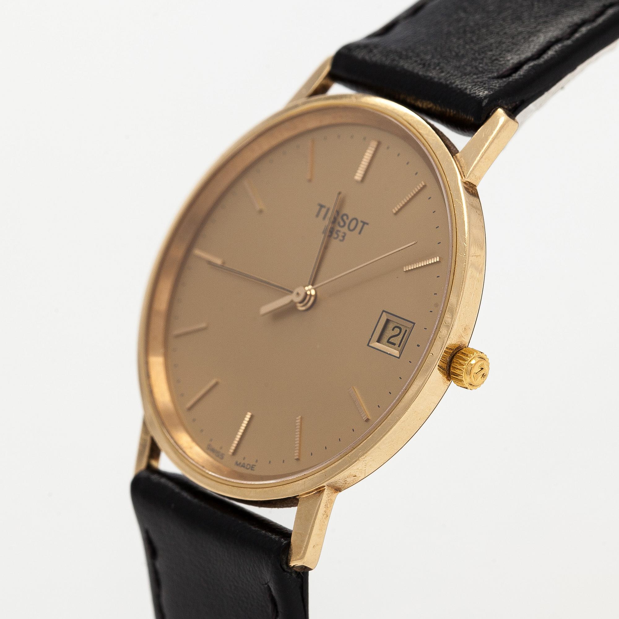 Tissot, wristwatch, 33.5 mm, 14K gold, quartz, sapphire crystal.
