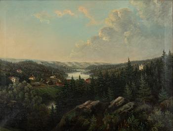 Swedish artist, around 1860. Landscape with steam locomotive.