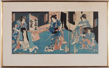 Utagawa Ii Kunisada, Triptyk och diptyk, träsnitt, Japan, Kabukiscener.