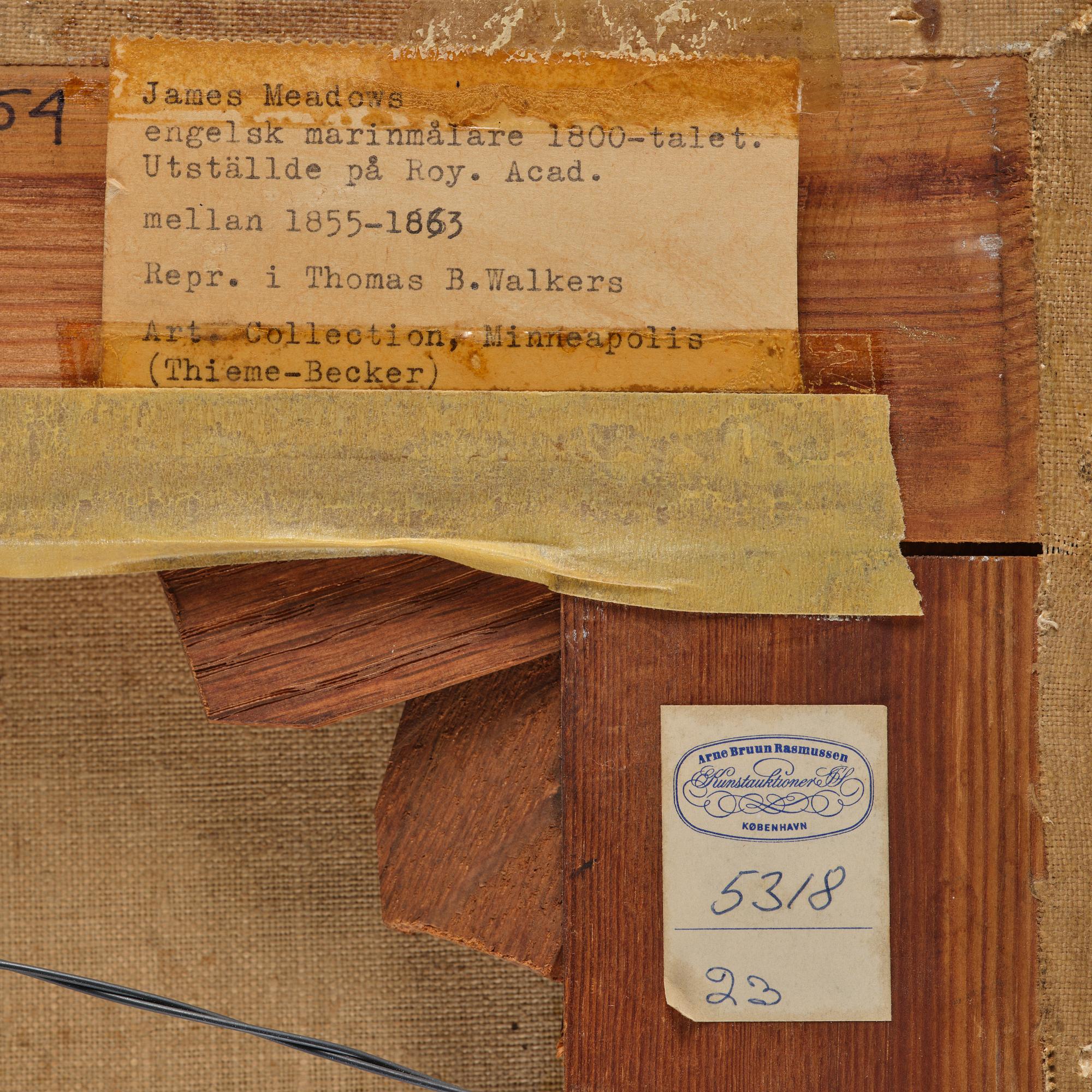 James Edwin Meadows, Sailing boats in rough weather by the coast with a lighthouse.