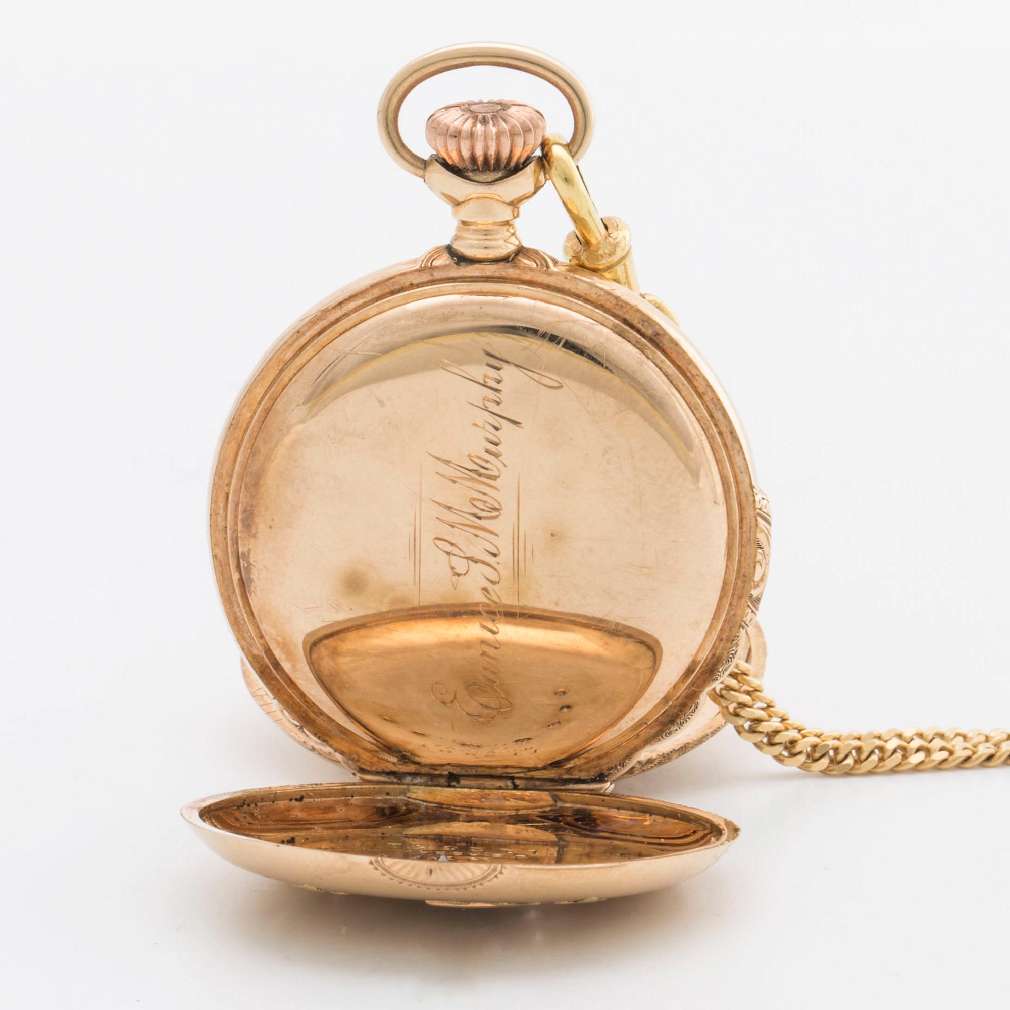 POCKET WATCH 14K gold Waltham and CHAIN 18K gold w 7 old-cut diamonds, 33 mm.