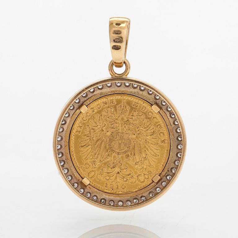 A ca 21K (.900) and 18K gold coin pendant, Franz Joseph I, Austria-Hungary, 1910. 20 Corona set with diamonds.