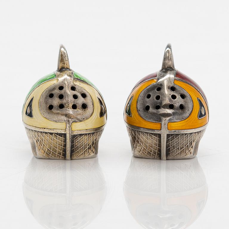 A pair of enamelled sterling silver salt- and pepper shakers, SNM, Norway.