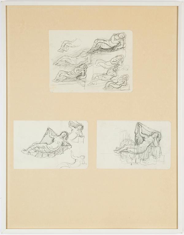 Hilding Linnqvist, pencil drawings, 2 + 3, framed together.