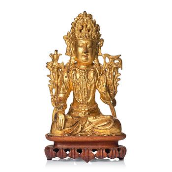 A cold gilt bronze figure of Avalokiteshvara, Ming dynasty (1368-1644).