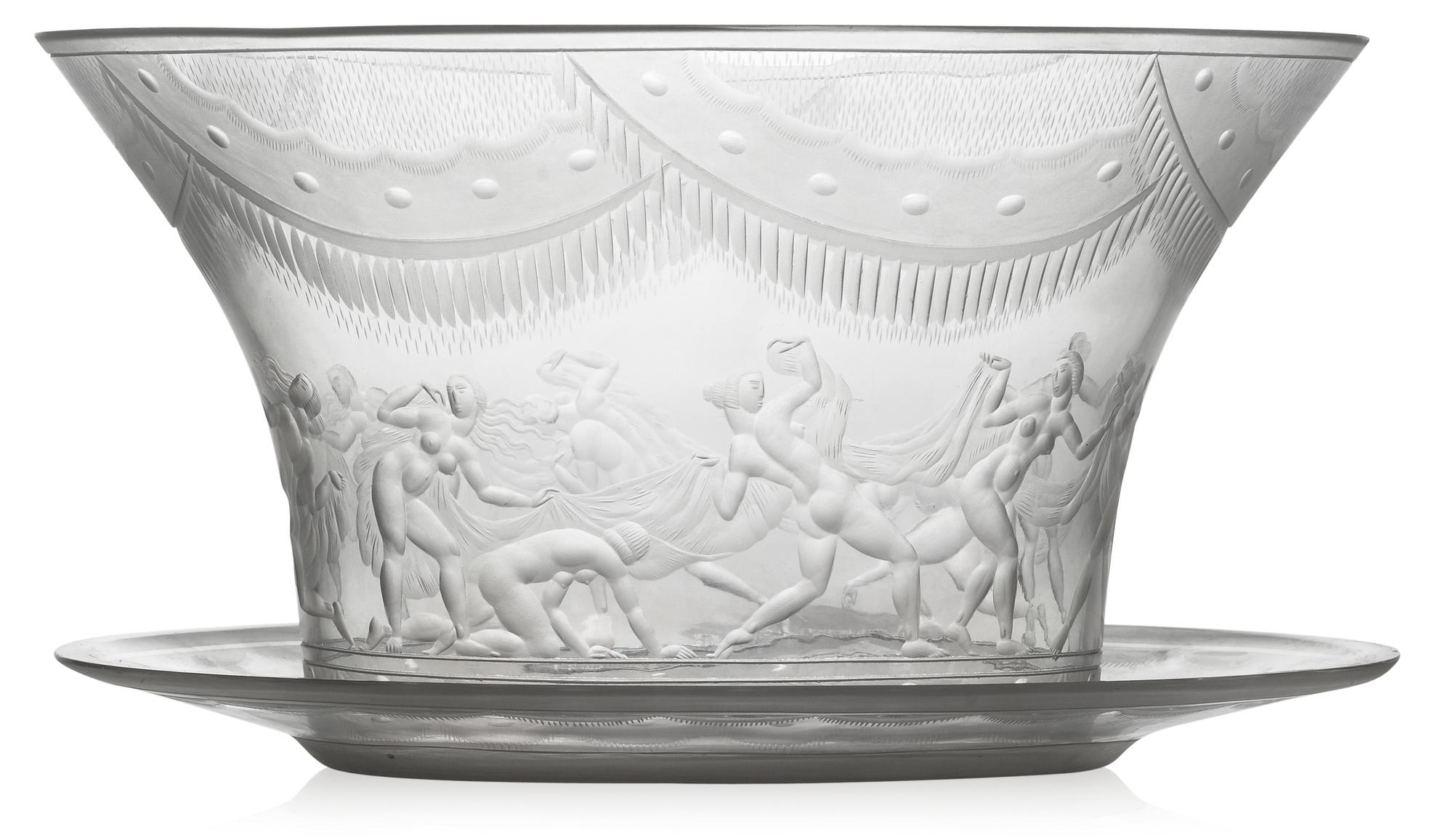 SIMON GATE, skål med underfat "Slöjdansen", Orrefors 1924.