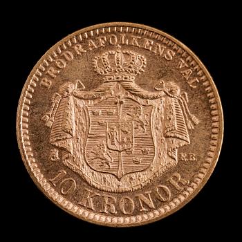 GULDMYNT,10 kronor, Oscar II, 1894.  Vikt ca 9 gram.