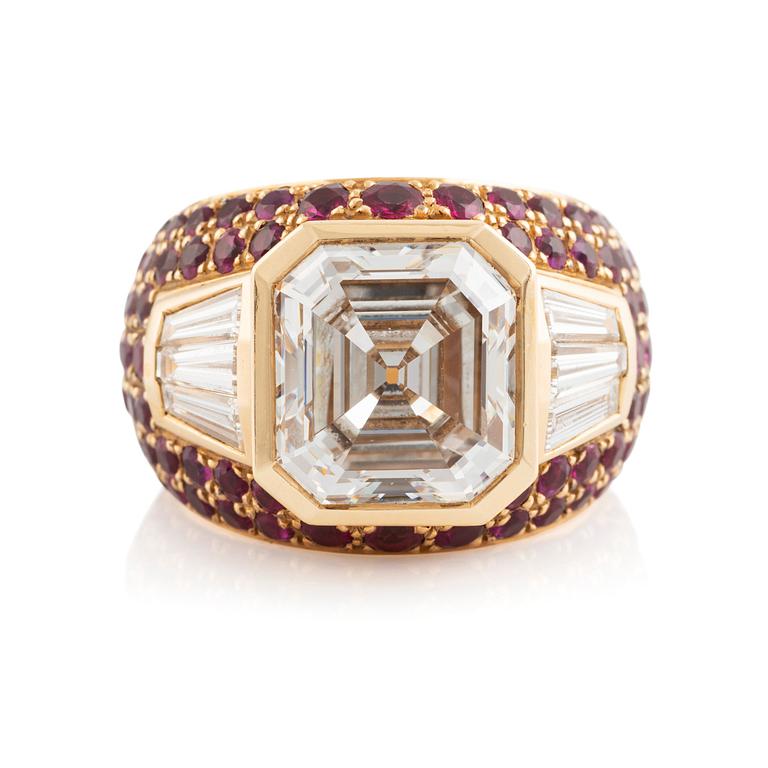 A 6.25 ct emerald-cut diamond ring.