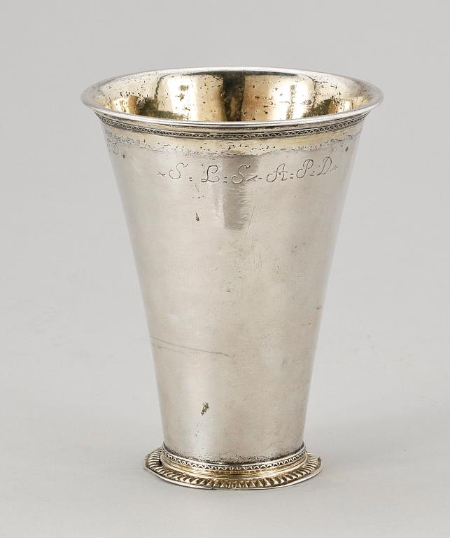 A SWEDISH PARCEL-GILT BEAKER, Makers mark of Hans Stadius widow, Kristianstad 1737.