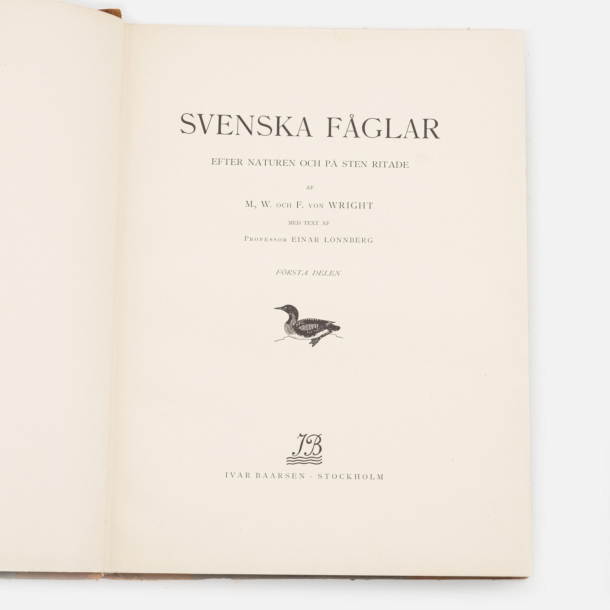 Three volumes of 'Svenska fåglar' by the von Wright brothers, printed at A.Börtsells Tryckeri AB, Stockholm, 1924-29.