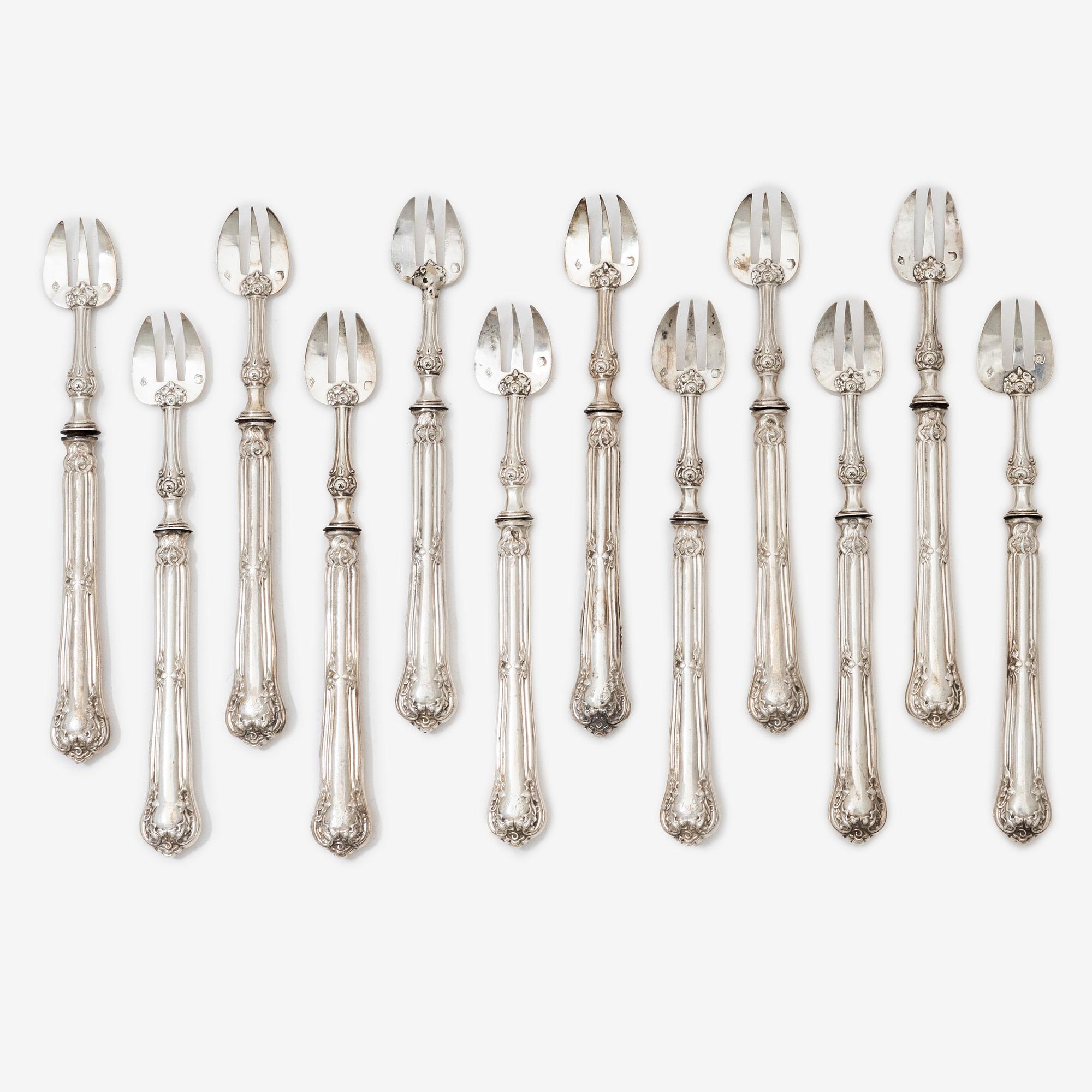 Philippe Berthier, twelve silver oyster forks, Paris, France, 1841-1851.