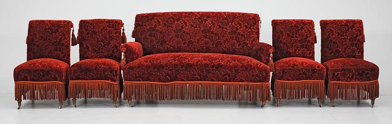 SALONGSGRUPP, 5 delar, klunkestil, sent 1800-tal.