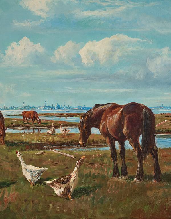 Niels Christiansen, A landscape with horses, cows and geese.