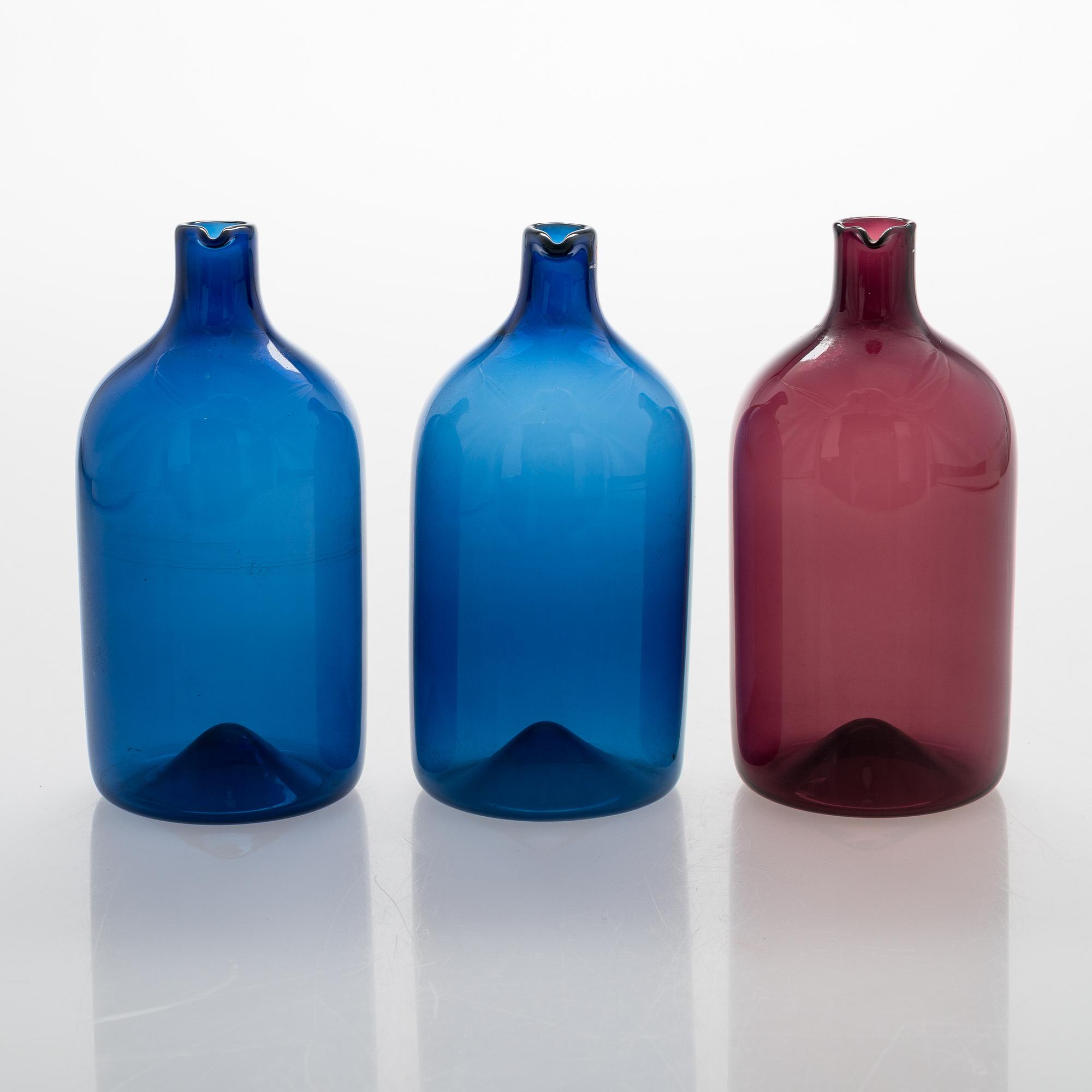 Timo Sarpaneva, "Fågelflaskor", 3 st, Iittala, signerade TS.