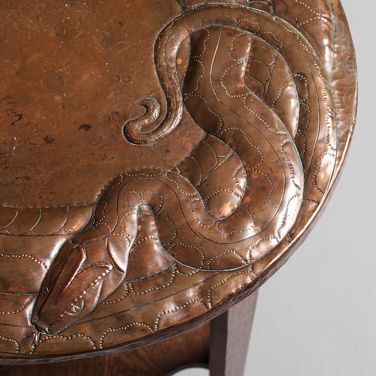 David Blomberg, attributed to, an Art Nouveau oak and copper table, Nordiska Kompaniet, Sweden early 1900's.