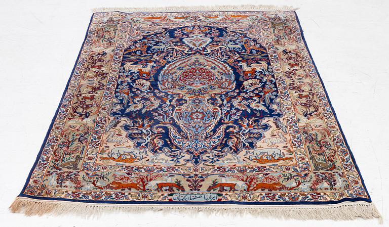 An oriental, figural, signed rug, c. 162 x 104 cm.