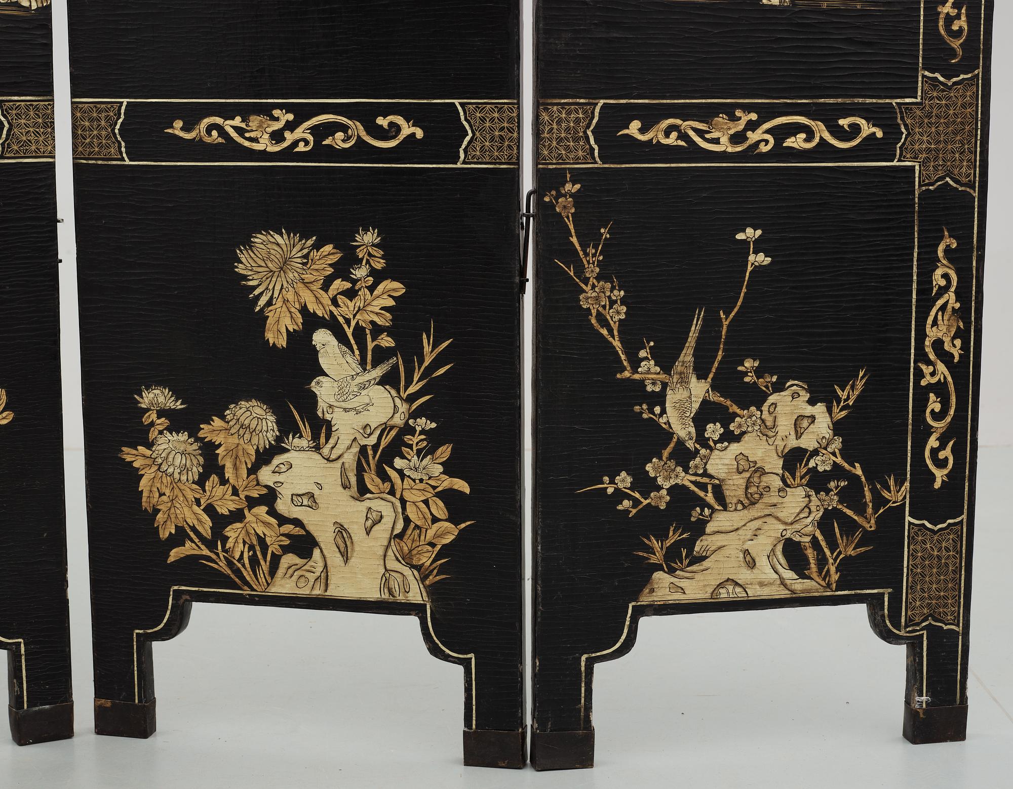 A six panel lacquer screen, Qing dynasty (1644-1911).