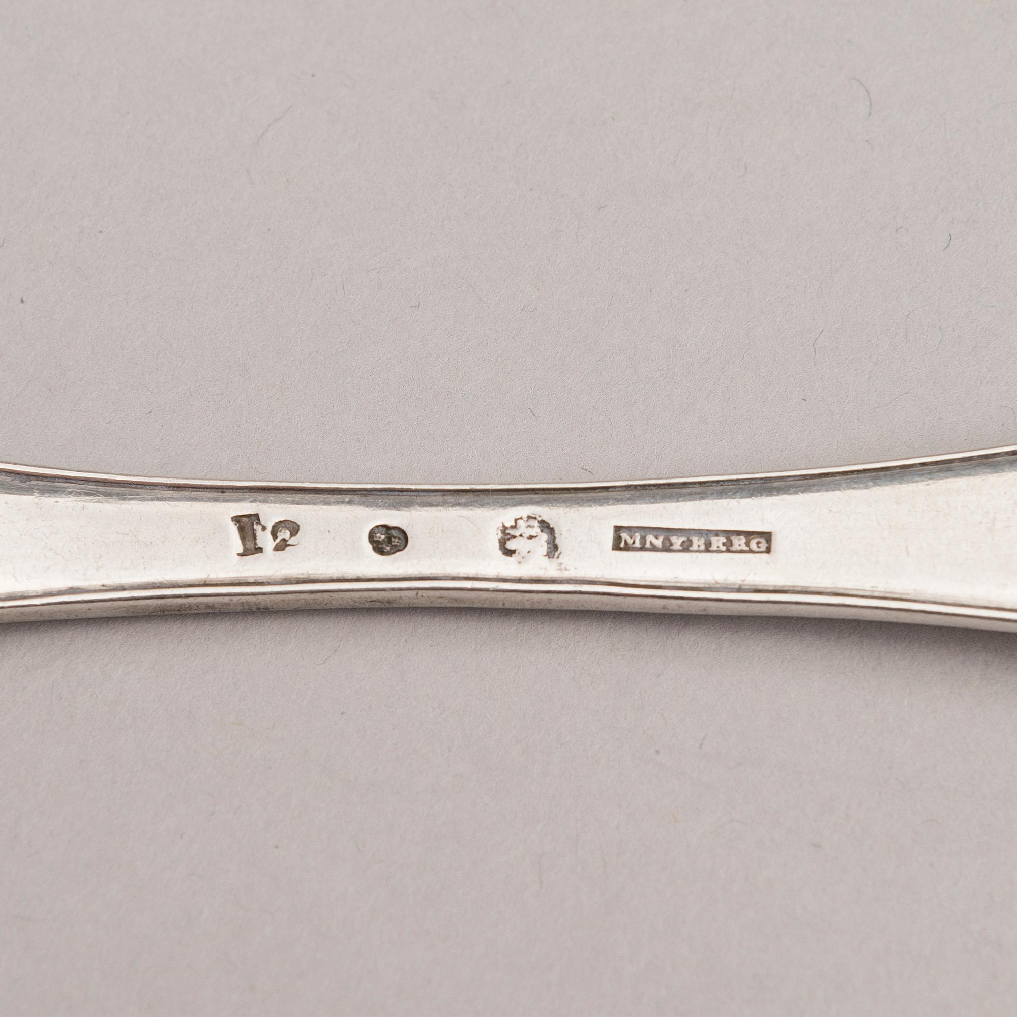 A set of four 18th-Century silver dinner forks, mark of Mikael Nyberg, Stockholm 1790-92.