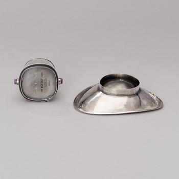 a silver bowl and a beaker with amethyst decor, mark of Reijo Sirkeoja, Hopeataidetakomo, Tampere Finland 1964-65.