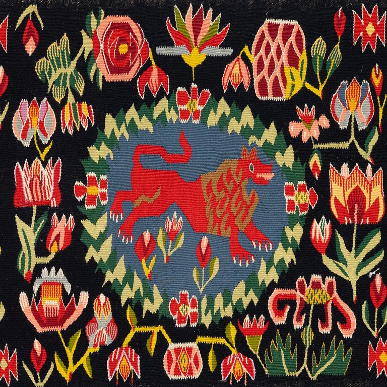 Åkdyna, "Rött Lejon", flamskväv, 140 x 50 cm, sydvästra Skåne, tidigt 1900-tal.
