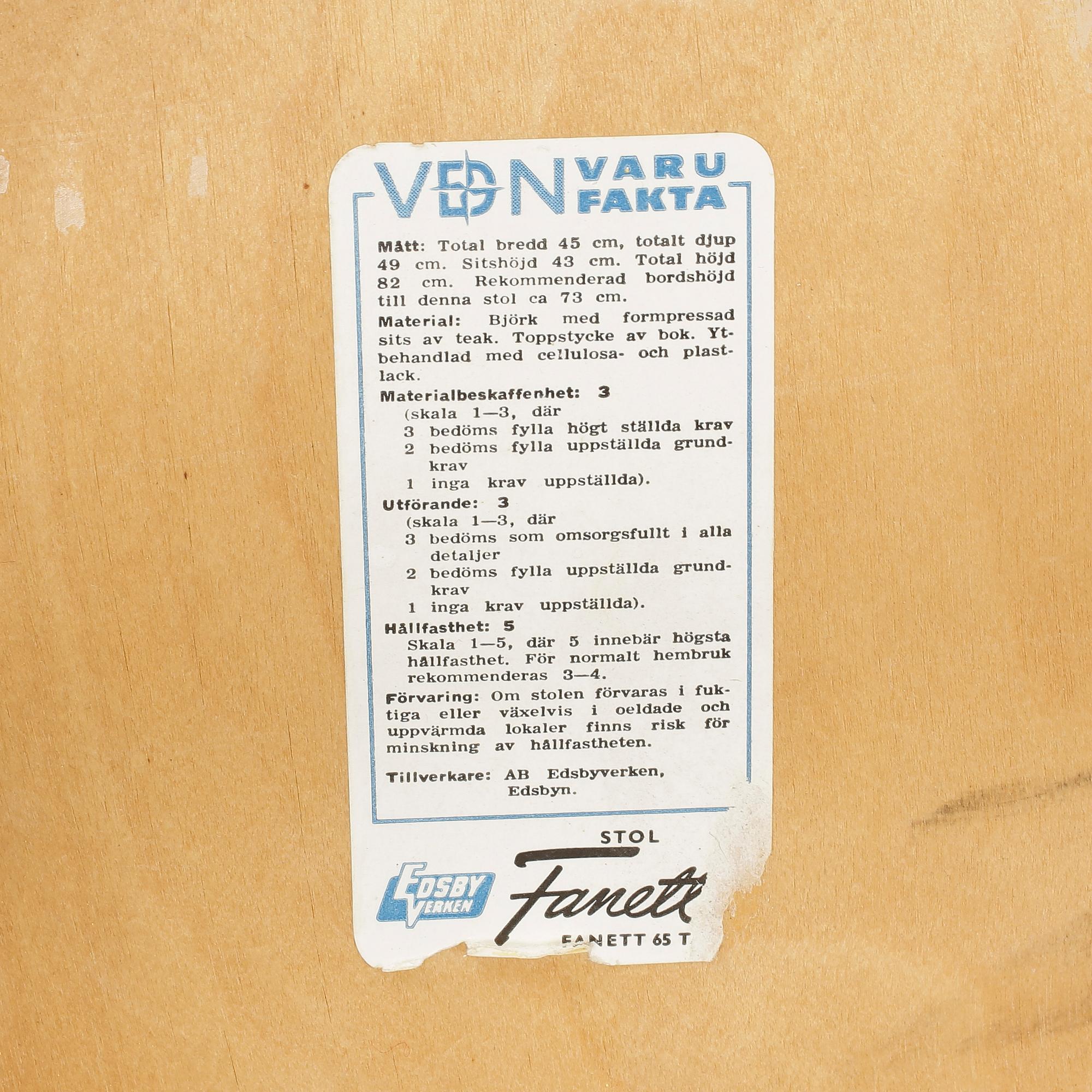 STOLAR, 4 st, "Fanett", Ilmari Tapiovaara, Edsbyverken. Formgiven 1955.