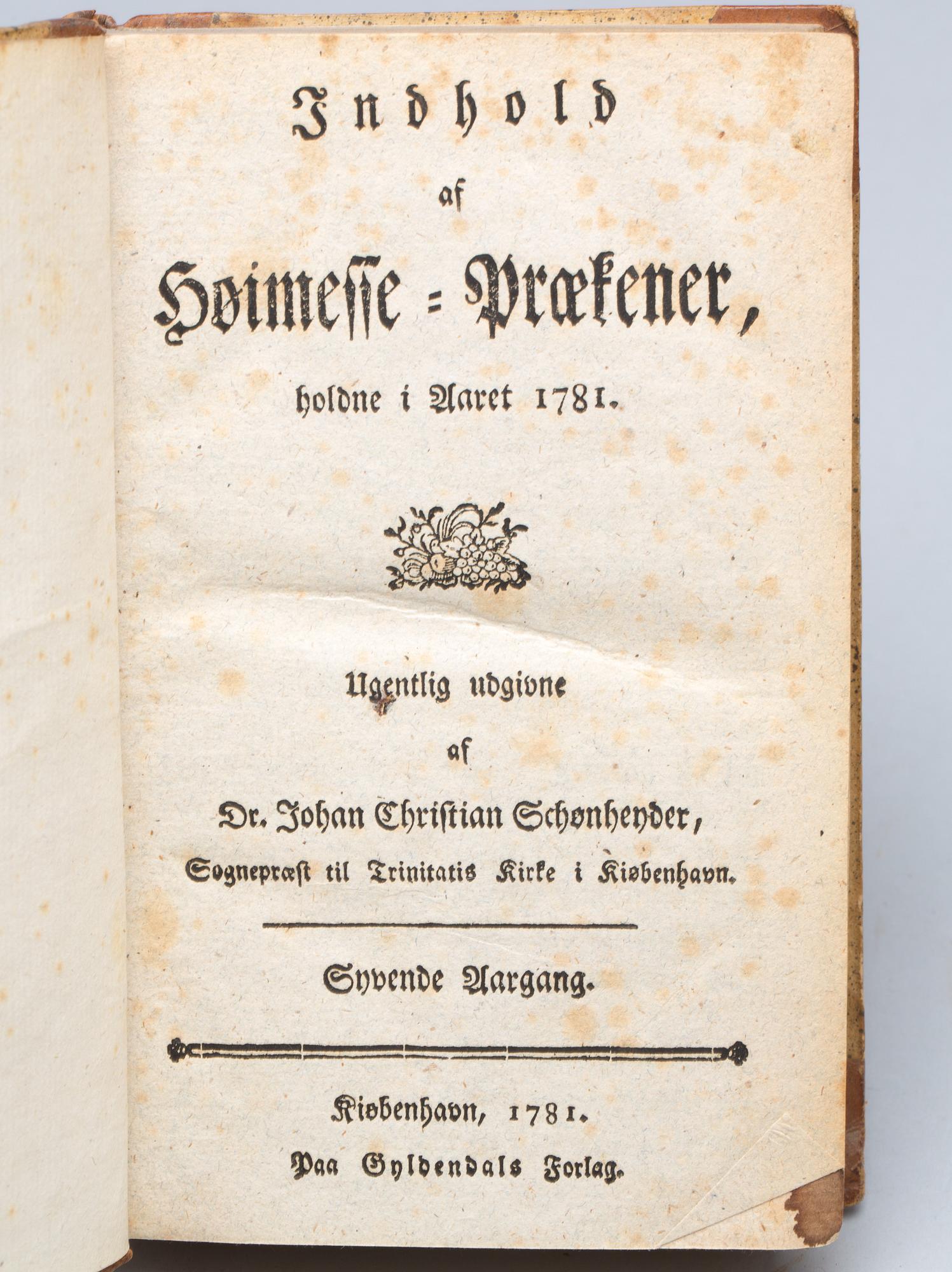 BÖCKER, 7 vol, "Dr Johan Christian Schönhenders Höimesse praekener, Köpenhamn 1771-81.