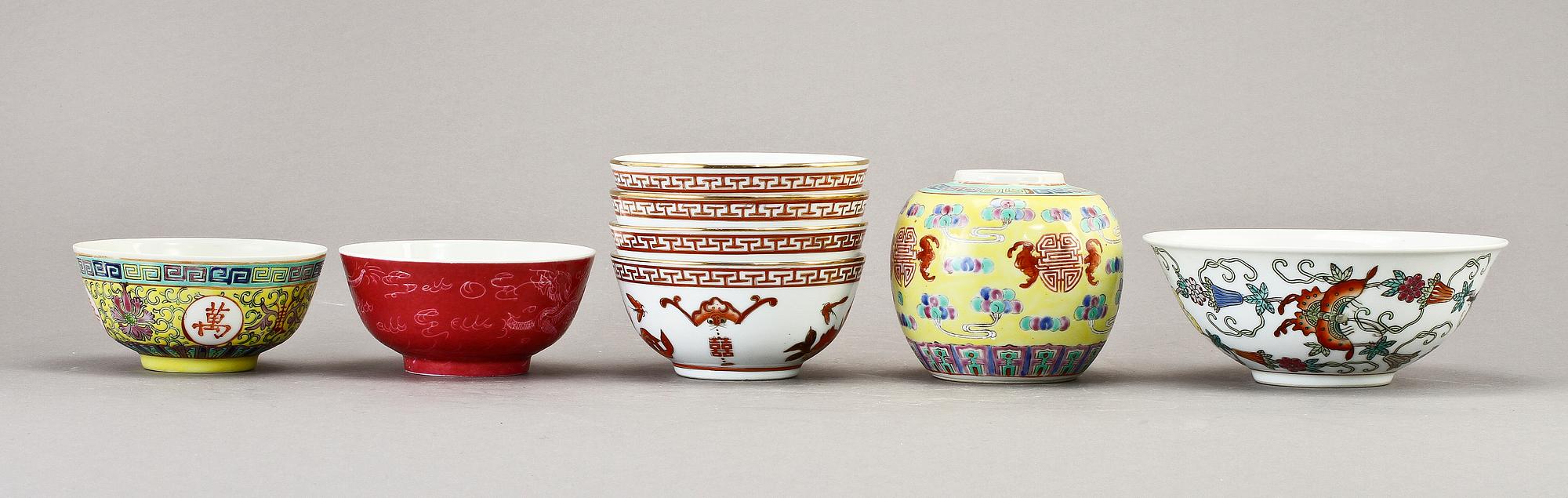 BOJAN samt SKÅLAR, 7 st, porslin, Kina, 1900-tal.