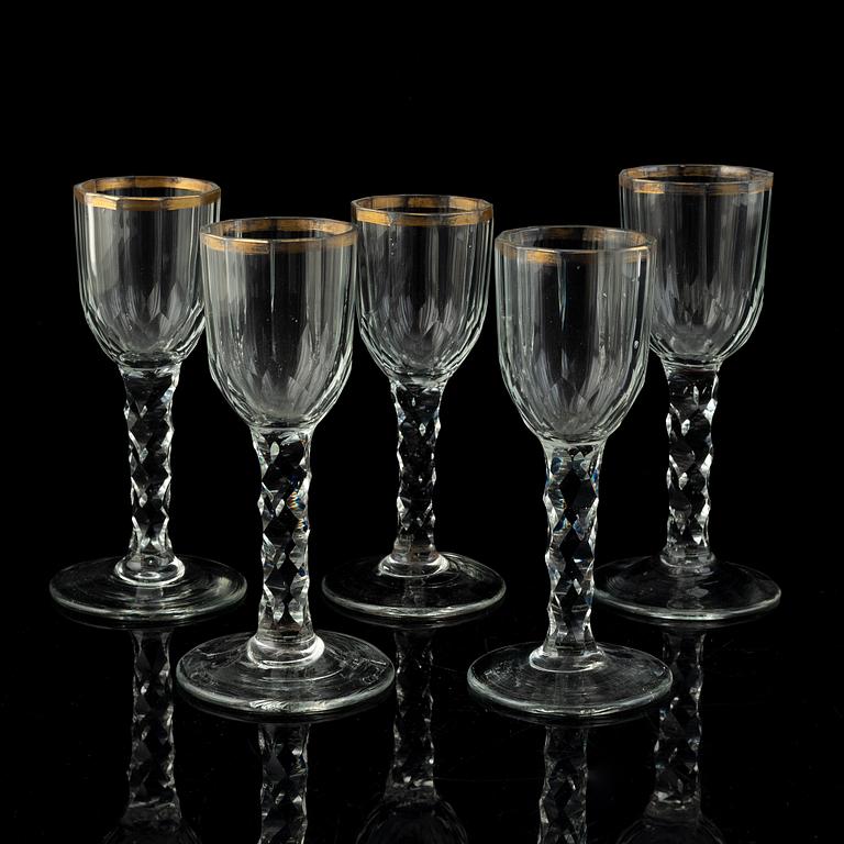 Five antique wine glasses, first half/mid 19th century.