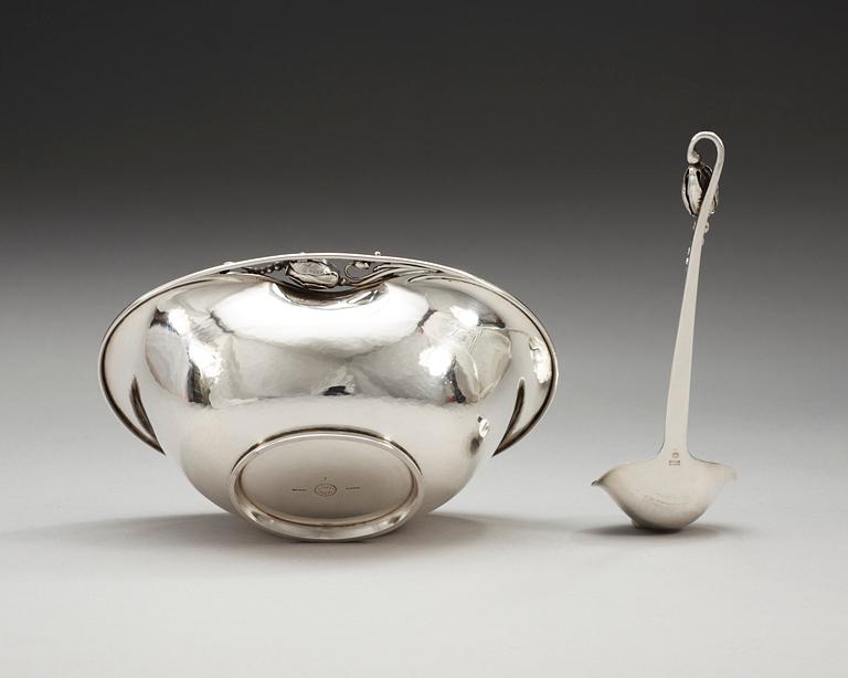 A Georg Jensen Blossom sterling bowl and sauce ladle, Copenhagen 1945-77,