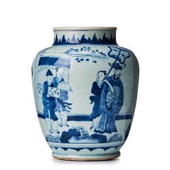 A blue and white Transtional jar, 17th Century.