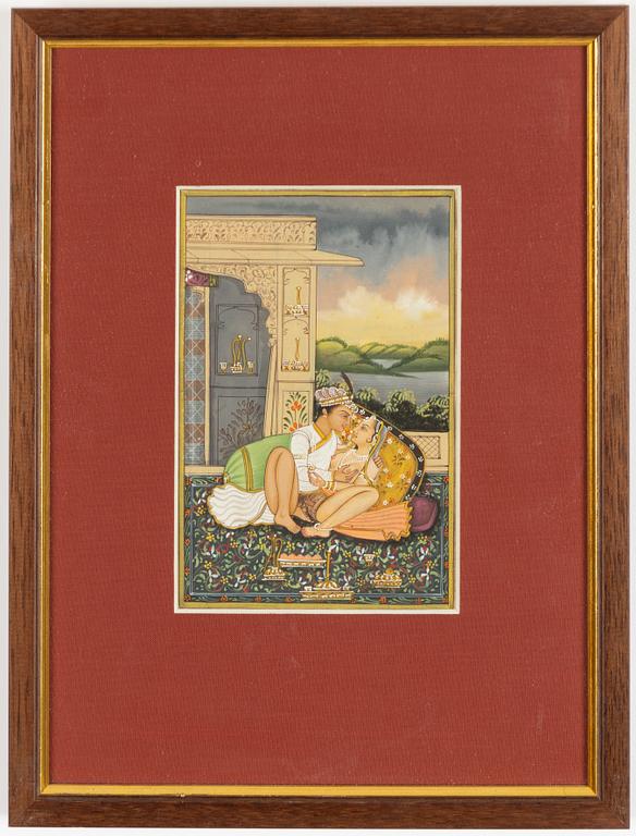 Unidentified artist, Erotic scenes in palace settings, India, 20th century. Four pieces.