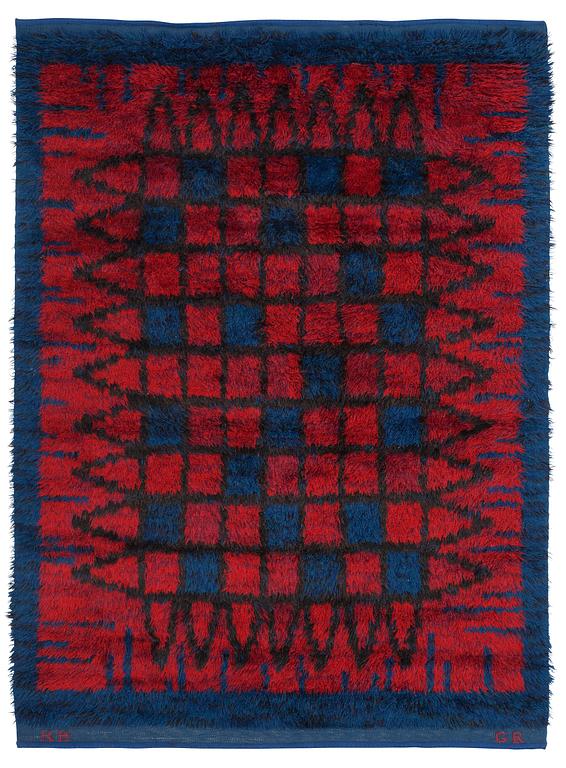 RUG. Knotted pile. 215,5 x 154,5 cm. Signed KH GR.