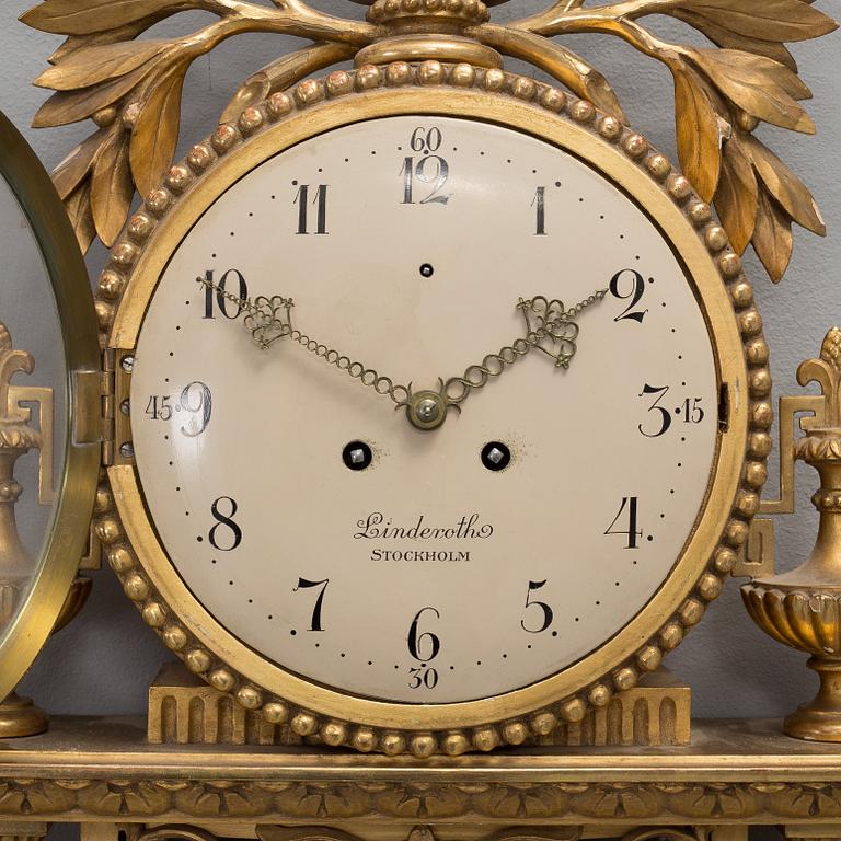 A Swedish Gustavian style gilt wood wall clock, marked Linderoth Stockholm, 20th century.