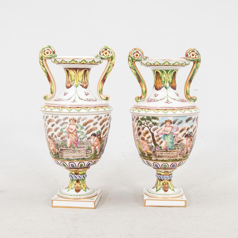 Urns a pair Capo Di Monte, Napoli-like marking, Italy, 20th century porcelain.