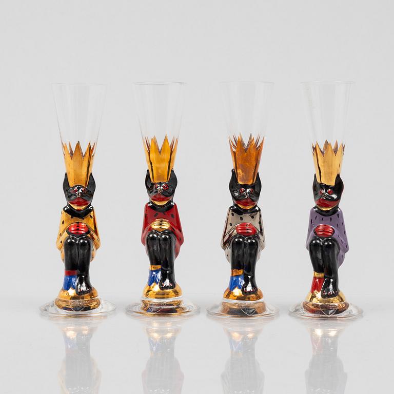 Gunnar Cyrén, four shot glasses, so-called devil glasses, from the Nobel service, Orrefors.